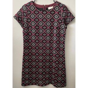 Loft Dress Burgundy & Black Geometric Pattern Short Sleeve Size Sm